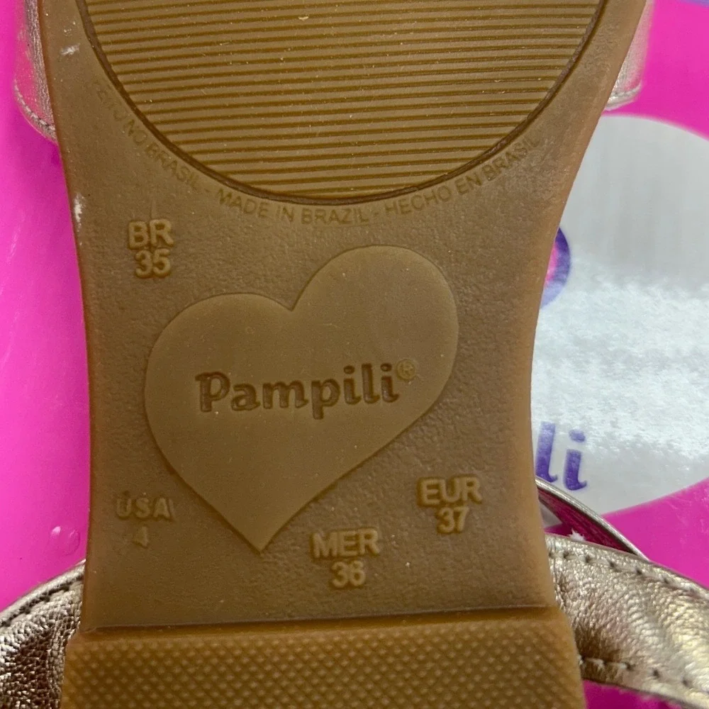 Pampili Girls Gold Metallic Glitter Bow Rhinestone Ankle Strap Dress Sandals